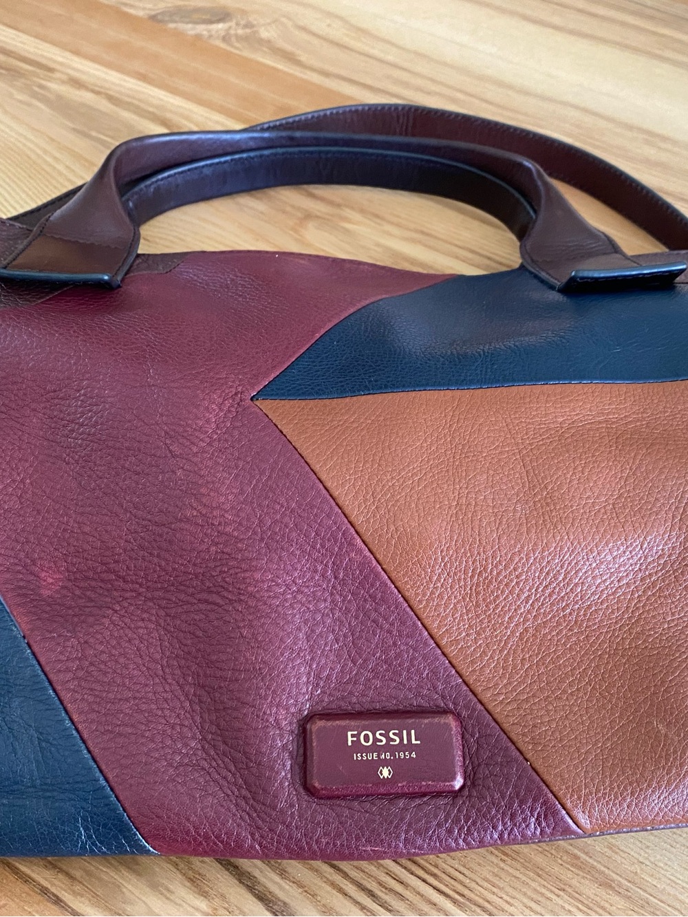 Fossil Colorblock Leather Satchel in Burgundy, Navy & Tan